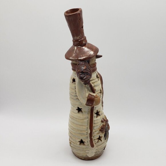 Stoneware Glazed 12" Brown Beige Country Snowman Star Cut Outs Tealight Holder - Picture 8 of 12
